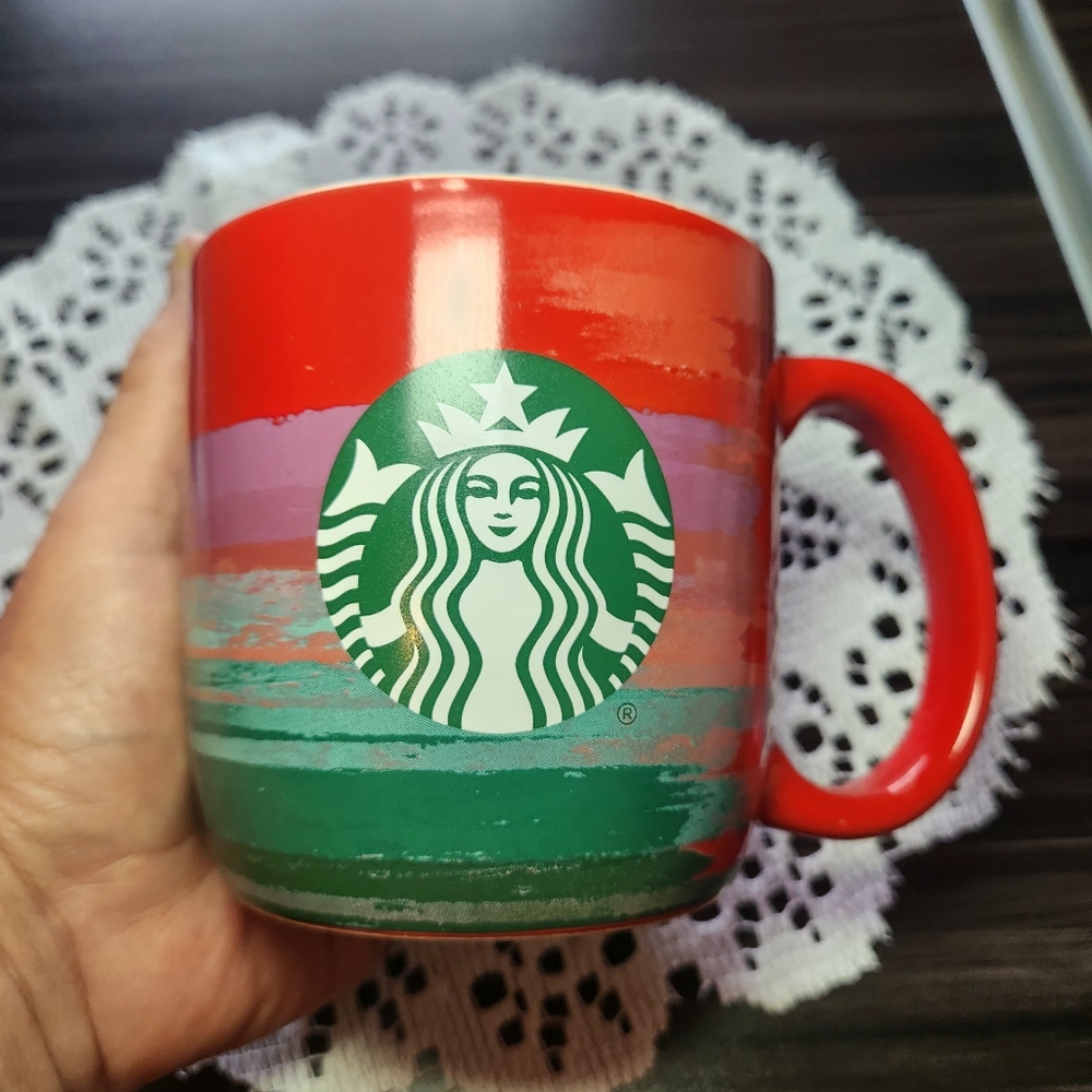 Starbucks 2021 Holiday Mug Red Green Purple Brush Strokes Large 18oz Coffee Cup